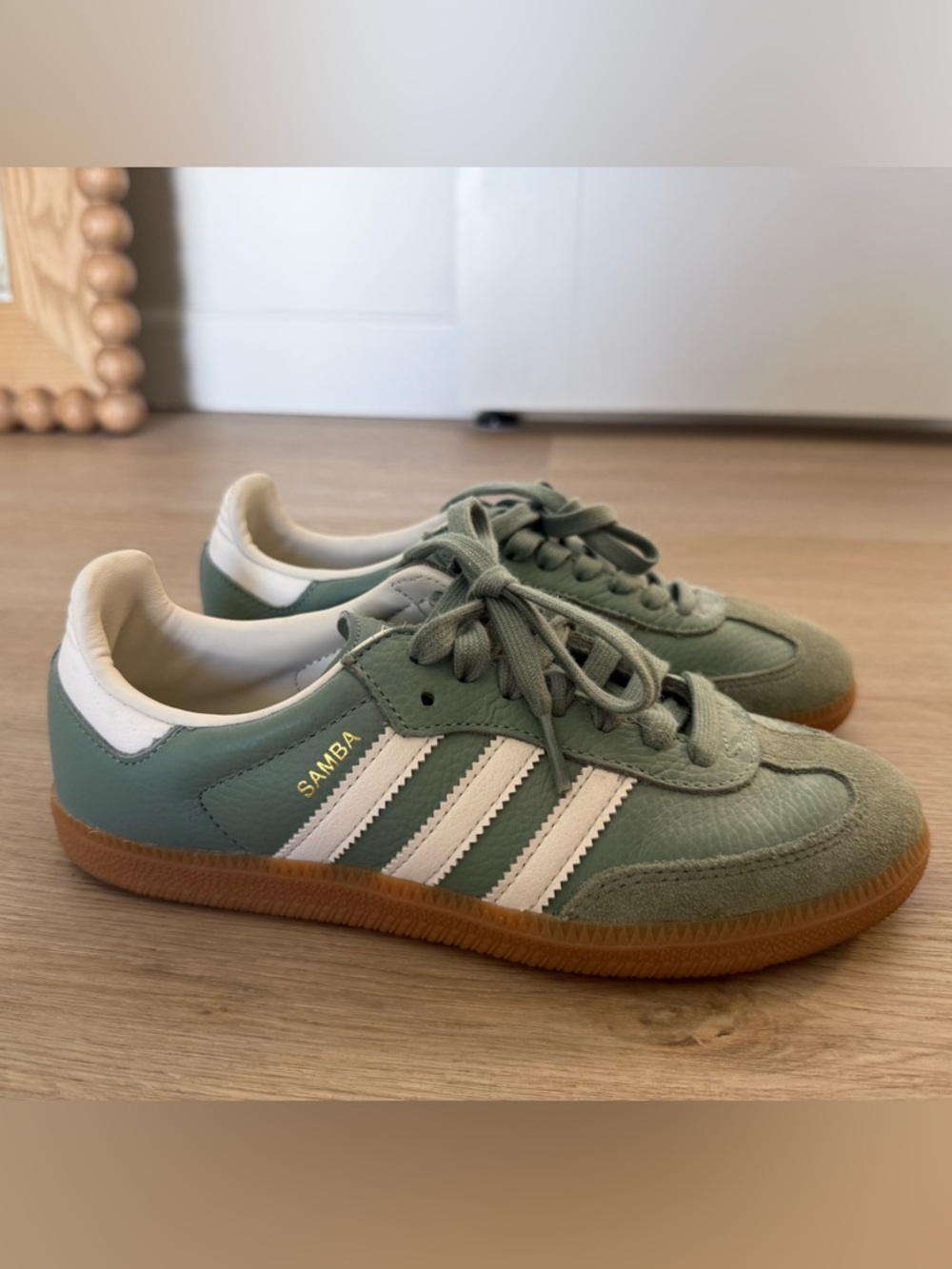 adidas Samba Sneakers in Sage Green and White with Gum Sole